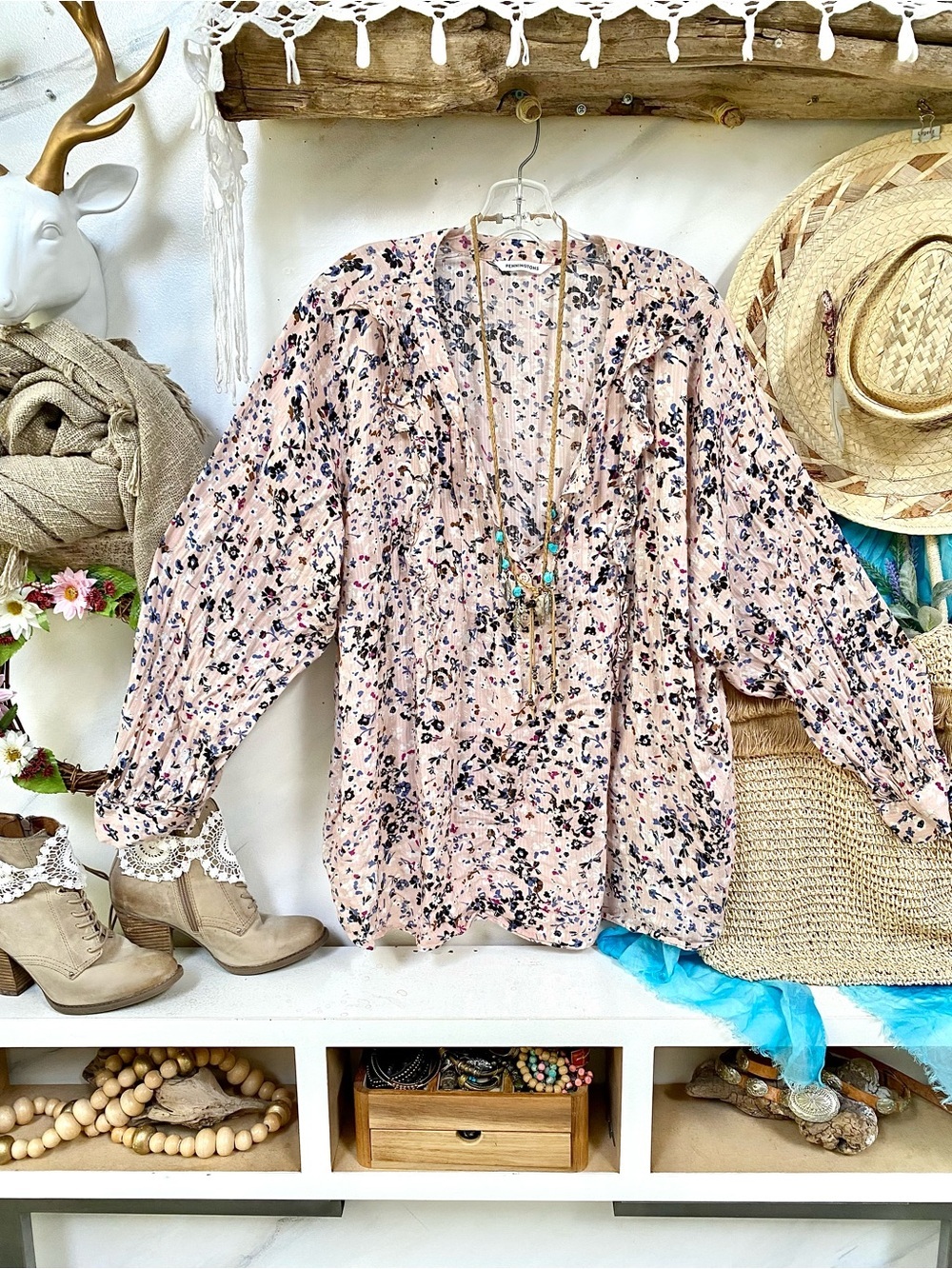 Blush peasant Floral V-Neck boho silver sparkle Blouse cottagecore prairie vibe